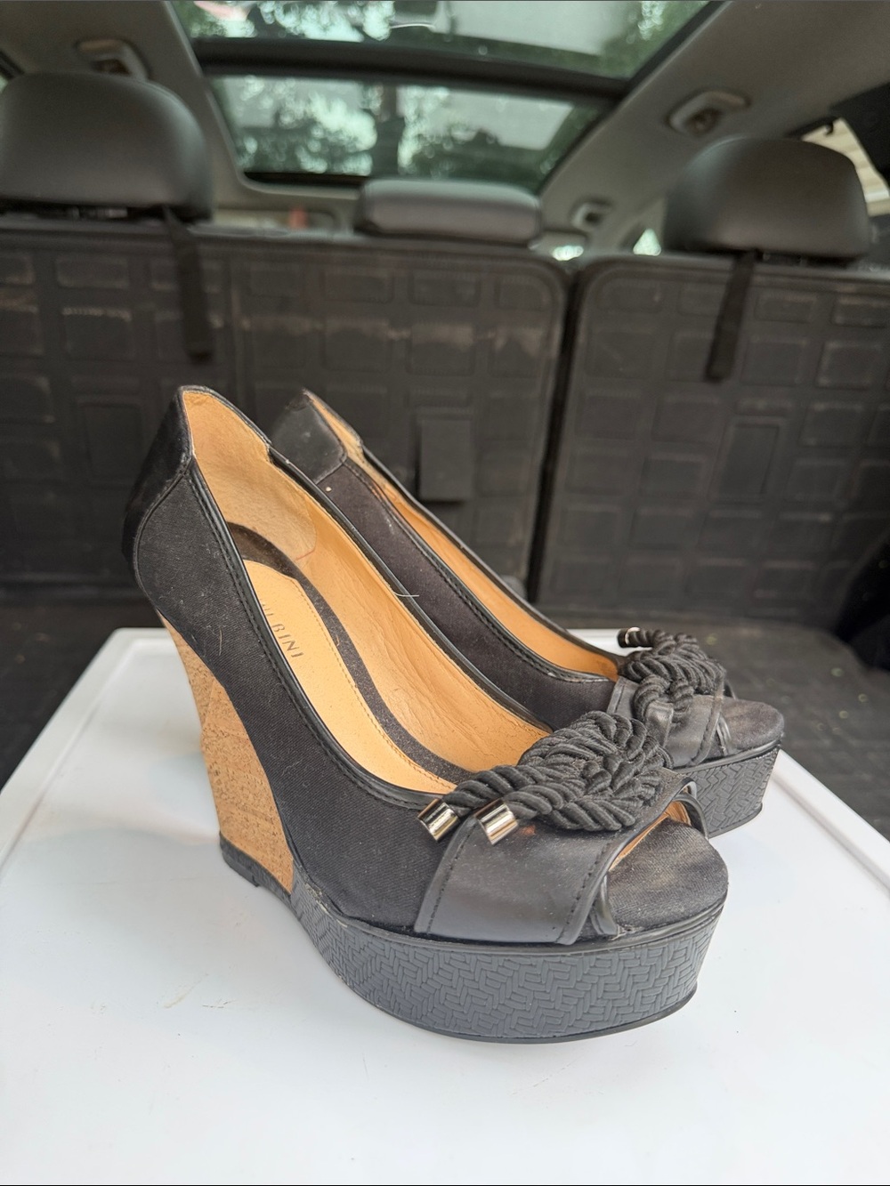Gianni Bini Black Wedge Peep-Toe Heels with Braided Accent